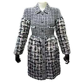 Chanel-CHANEL COAT LONG Fuzzy TWEED JACKET WITH GRIPOIX BUTTONS 36 S COAT-Other