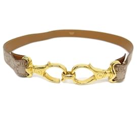 Céline-VINTAGE CELINE BELT MONOGRAM TRIOMPHE CANVAS GOLDEN BUCKLE 70 CANVAS BELT-Brown