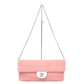 Chanel-VINTAGE CHANEL EAST WEST CHOCOLATE BAR PINK CANVAS HAND BAG-Pink