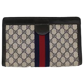 Gucci-GUCCI GG Canvas Sherry Line Clutch Bag Gray Red Navy 41 014 2125 28 auth 52492-Red,Grey,Navy blue