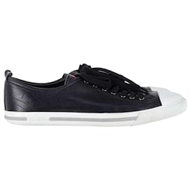Prada-Prada Lace Up Sneakers in Navy Blue Leather -Navy blue