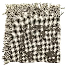 Alexander Mcqueen-Alexander McQueen Black & White Skulls Large Wool Silk Scarf Wrap Shawl Fringes-White