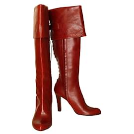Alexander Mcqueen-Alexander mcQueen dark Red Leather Knee Height high heel Boots with laces-Dark red