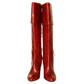 Alexander Mcqueen-Alexander mcQueen dark Red Leather Knee Height high heel Boots with laces-Dark red