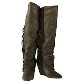 Alexander Mcqueen-Isabel Marant Two-tone Wedge Black Gray Leather & Suede Knee Height Fringe Boots-Grey