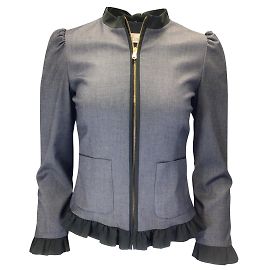 Red Valentino ROTES VALENTINO Blau / Schwarze Chambray-Jacke mit durchgehendem Reißverschluss und Rüschenbesatz Blau