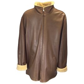 Ermenegildo Zegna Men's Brown / Tan Shearling Trimmed Full Zip Leather Jacket Brown