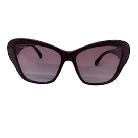 Chanel-Chanel Burgundy Crystal Embellished CC Logo Butterfly Acetate and Lambskin Leather Sunglasses-Dark red