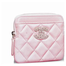 Chanel-Chanel Pink Caviar CC Crystal Woven Square Zip Around Card Holder-Pink