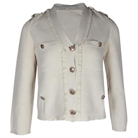 Chanel-Cardigan Chanel com botões frontais e babados em algodão creme-Branco,Cru