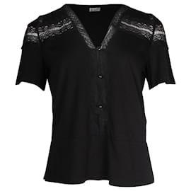 Sandro-Sandro Paris Lace-Trimmed Buttoned Blouse in Black Cotton-Black