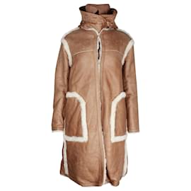 Moncler-Moncler Manteau Cotoneaster avec bordure en peau de mouton et cuir beige-Beige
