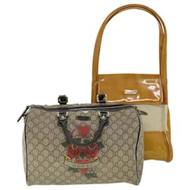 Gucci-GUCCI GG Canvas Hand Bag PVC Leather Patent 2Set Beige Auth bs7882-Beige
