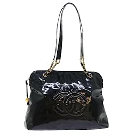 Chanel-CHANEL Chain Shoulder Bag Patent Leather Black CC Auth bs7854-Black