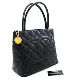 Chanel-CHANEL Gold Medallion Caviar Shoulder Bag Grand Shopping Tote-Black