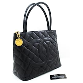 Chanel-CHANEL Gold Medallion Caviar Bandolera Grand Shopping Tote-Negro