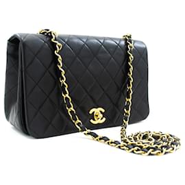 Chanel-CHANEL Bolso de hombro con cadena y solapa completa Piel de cordero acolchada negra-Negro
