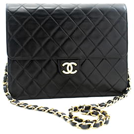 Chanel-CHANEL Bolso de hombro de cadena pequeña Embrague Solapa de cordero acolchada negra-Negro