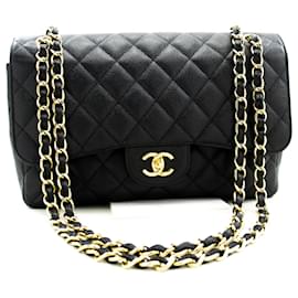 Chanel-CHANEL Clássico Grande 11"Bolsa de Ombro com Corrente W Flap Caviar Preto-Preto