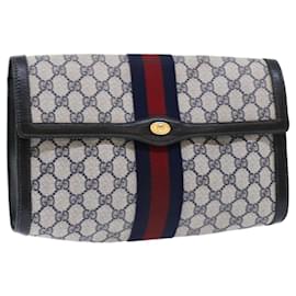 Gucci-GUCCI GG Canvas Sherry Line Clutch Bag Gray Red Navy 07 014 3087 Auth ep1579-Red,Grey,Navy blue