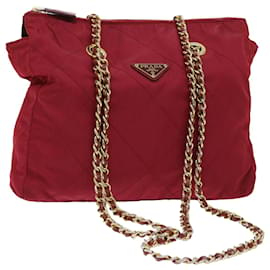 Prada-PRADA Quilted Chain Shoulder Bag Nylon Red Auth am4969-Red
