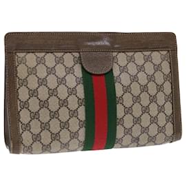 Gucci-GUCCI GG Canvas Web Sherry Line Clutch Bag PVC Leather Beige Red Auth ep1571-Red,Beige