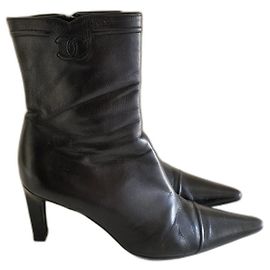 Chanel Black Leather Ankle Boots Black