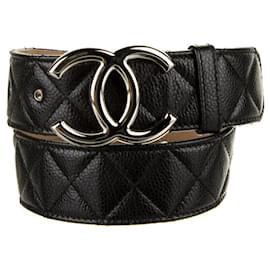 Chanel-Chanel Black Quilted Caviar Leather Belt with Shiny Silver CC Buckle. 100/40 Large-Black