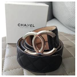 Chanel-Chanel Black Quilted Caviar Leather Belt with Shiny Silver CC Buckle. 100/40 Large-Black