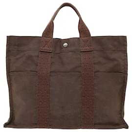 Hermès-HERMES Her Line MM Hand Bag Canvas Brown Auth bs7781-Brown