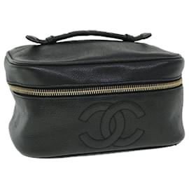 Chanel-CHANEL Vanity Cosmetic Pouch Caviar Skin Black CC Auth bs7949-Black