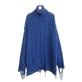 Balenciaga AW20 Blauer Metallic-Pullover mit Distressed-Saum Blau