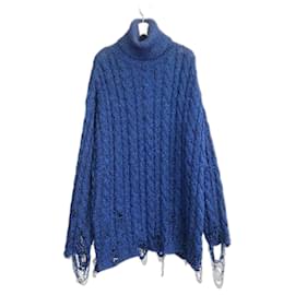 Balenciaga-Balenciaga AW20 Blue Metallic Distressed Hem Sweater-Blue