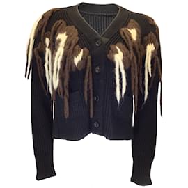 Sacai-Sacai Noir / Ivoire / Pull cardigan en tricot côtelé marron avec détails en fil-Noir