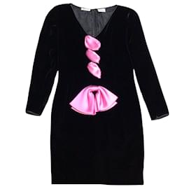 Valentino-Valentino Boutique Vintage Black / Pink Satin Bow Detail Long Sleeved V-Neck Velvet Dress-Black
