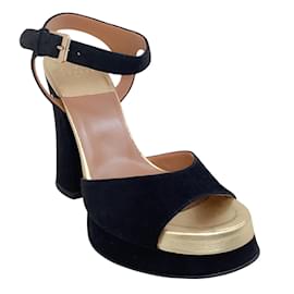 Laurence Dacade-Laurence Dacade Black Suede with Gold Trim Tinta Sandals-Black