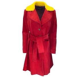 Etro Red / Yellow Wool Collar Belted Corduroy Trench Coat Red