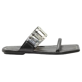 Lanvin-Black Gourmette Leather & Metallic Chain Slides-Black