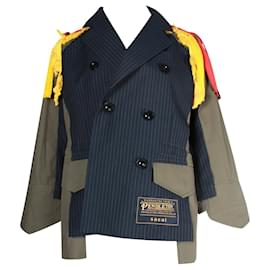 Sacai-Sacai x Pendelton 2019 Deconstructed Navy Pinstripe Aztex Trim Parka Jacket-Blue,Navy blue