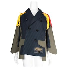 Sacai-Sacai x Pendelton 2019 Deconstructed Navy Pinstripe Aztex Trim Parka Jacket-Blue,Navy blue