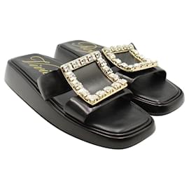 Roger Vivier-Black Crystal & Leather Slide Sandals-Black