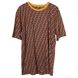 Fendi Brown Monogram Cotton T-Shirt with Yellow Trim Brown