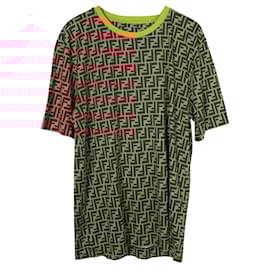 Fendi-Brown Monogram Cotton T-Shirt with Yellow Trim-Brown