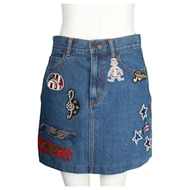 Marc Jacobs-Denim Mini Skirt With Hand Sewn Sequin, Pearl & Crystal Embroidered Badges-Blue