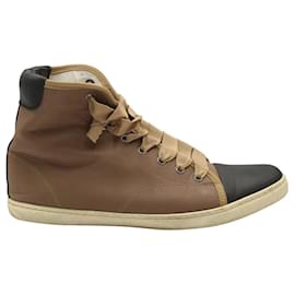 Lanvin-Brown & Black Leather Two Tone High Top Sneakers with Ribbon Laces-Brown