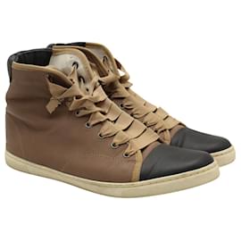 Lanvin-Brown & Black Leather Two Tone High Top Sneakers with Ribbon Laces-Brown