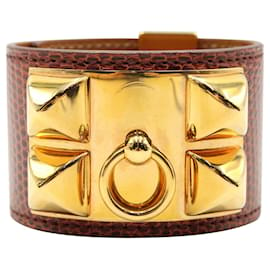 Hermès-Bracelet Collier de Chien en Lézard Brique avec Quincaillerie Dorée-Rouge
