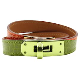 Hermès-Bracelet Alli Lisse Orange Tour Orange doublé Cuir Kelly avec Quincaillerie Dorée-Orange
