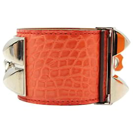 Hermès-Bracelet Collier de Chien en Alligator Orange avec Ferrures Palladium-Orange