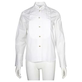 Chanel-White Shirt with Front Pleating & Monogram Buttons-White